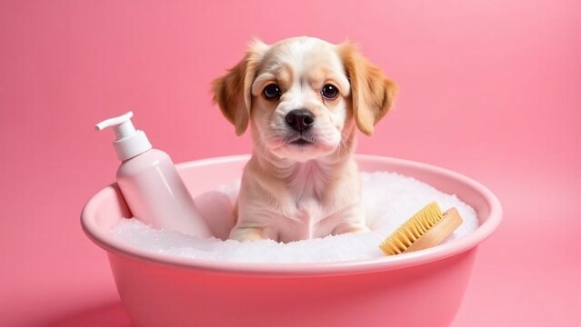Cute white dog sitting in a tub after bath, partially wrapped in towel, head tilted.grooming product.Bright, cozy, stylish atmosphere. Perfect for pet grooming promotions.