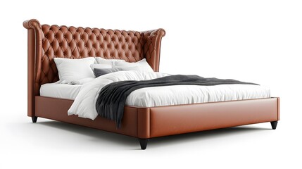 Obraz premium Elegant Bed with Luxurious Details: An inviting image showcases a beautifully crafted bed with a high, intricately designed headboard, adorned with plush pillows and a soft, textured throw.