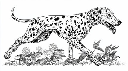 Dalmatian dog running through flowers, black and white illustration.