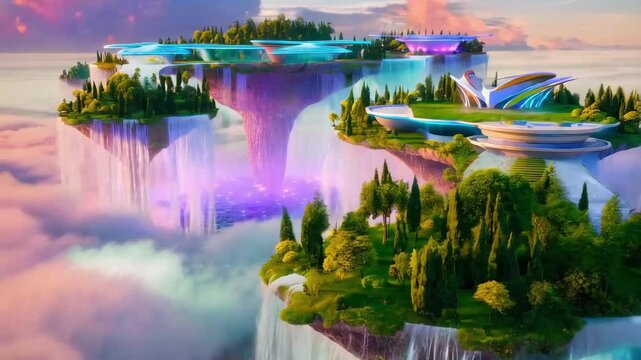 Floating Islands with Waterfalls and Futuristic Buildings in a Dreamy Sky World &ndash; Fantasy Landscape, flowing water fron sky city