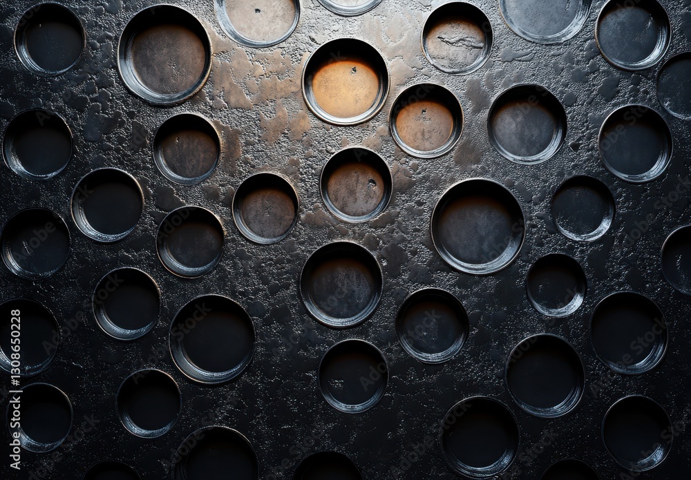 Poster unique textured background featuring round holes with varying depths on a dark surface for modern de