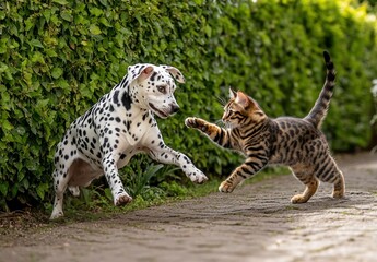 Playful Dalmatian puppy and Bengal cat playfully interacting in a garden.
