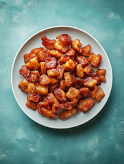 Crispy fried pork pieces on a white plate with a turquoise background.