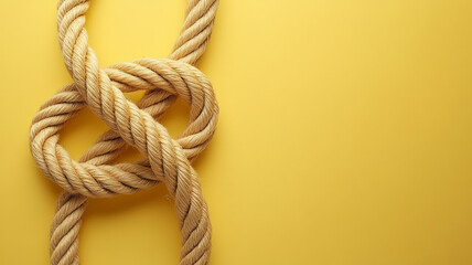 A rope knot on a yellow background with blank space.