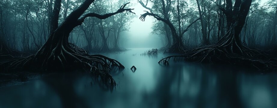 Mysterious foggy landscape with eerie trees and calm water creating an enchanting scene.