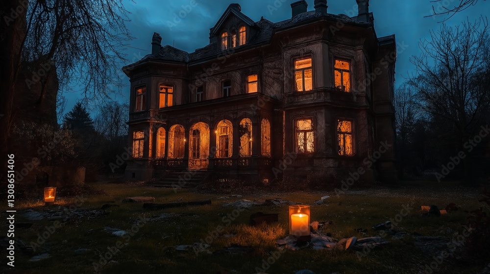 Aufkleber a haunted mansion with broken windows and flickering candlelight