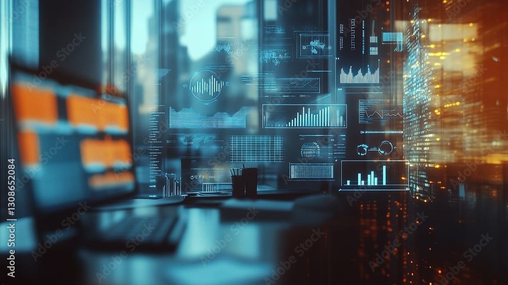 Poster digital business concepts with graphs and icons in modern workspace