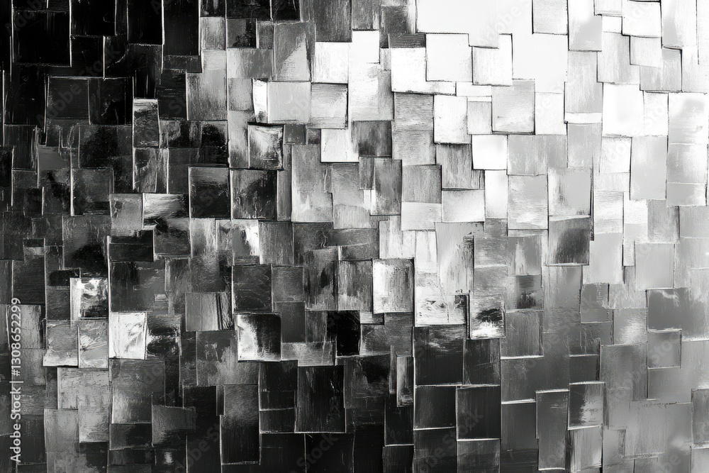 Poster Abstract grayscale mosaic artwork composed of numerous square tiles, creating a textured and visually striking composition.