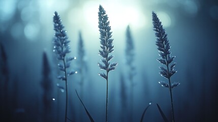 Misty forest grasses backlit sunrise