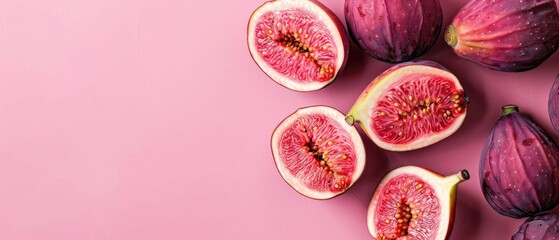 Freshly sliced figs arranged on light textured background. Top down aerial view of red fresh halves fig with vibrant color background. Flat lay composition with copy space for food and health. AIG55.