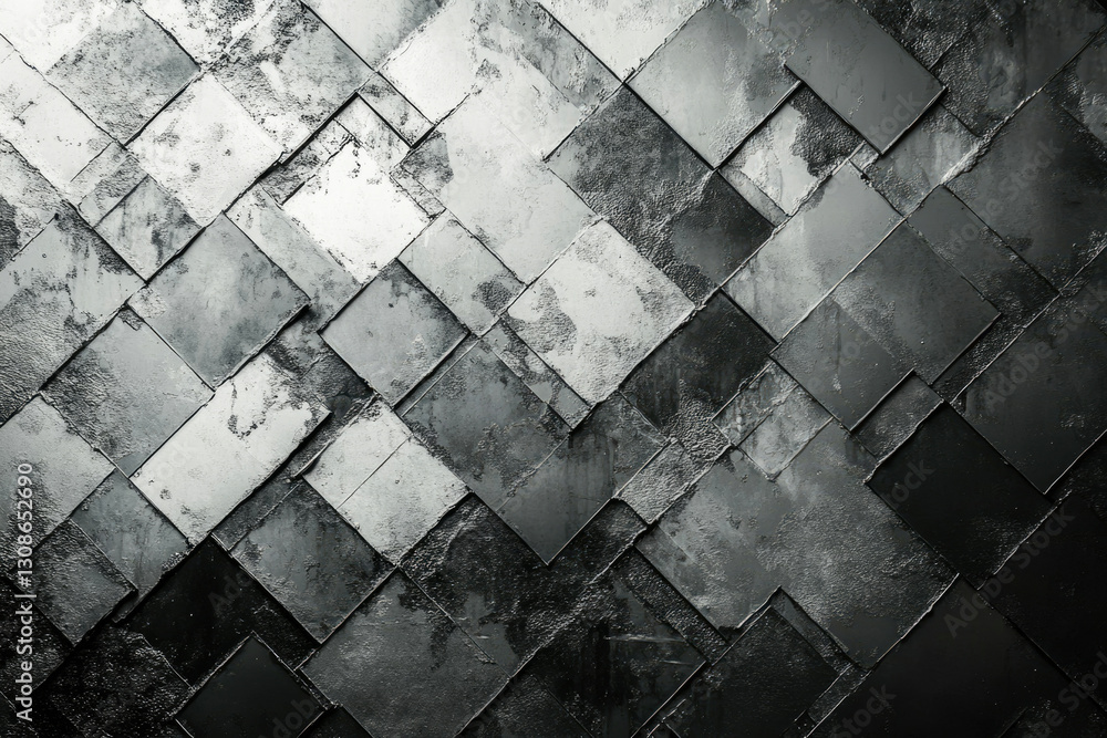 Aufkleber Abstract grayscale image featuring a textured, geometric pattern of overlapping square tiles, creating a weathered, metallic effect.