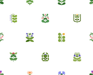 Seamless floral pattern. Modern botanical background, repeating print with flower plant branches. Endless texture design, summer blossoms for textiles, wallpaper, wrapping. Flat vector illustration