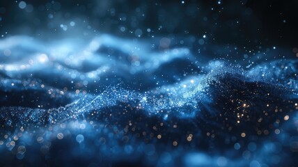 Obraz premium Abstract picture micro light sparkling particle represent data flow vivid flowing wave with high tech background, create digital effect scene perfect for energetic and fantasy wallpaper design. AIG53.