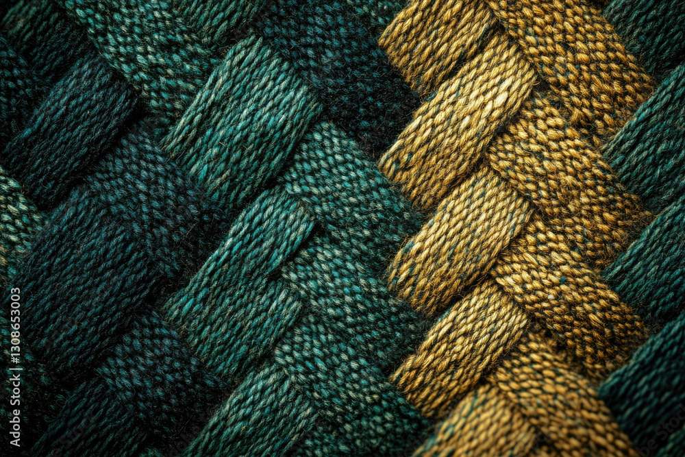 Poster intricate woven textile with teal and gold threads, showcasing a complex braided pattern.