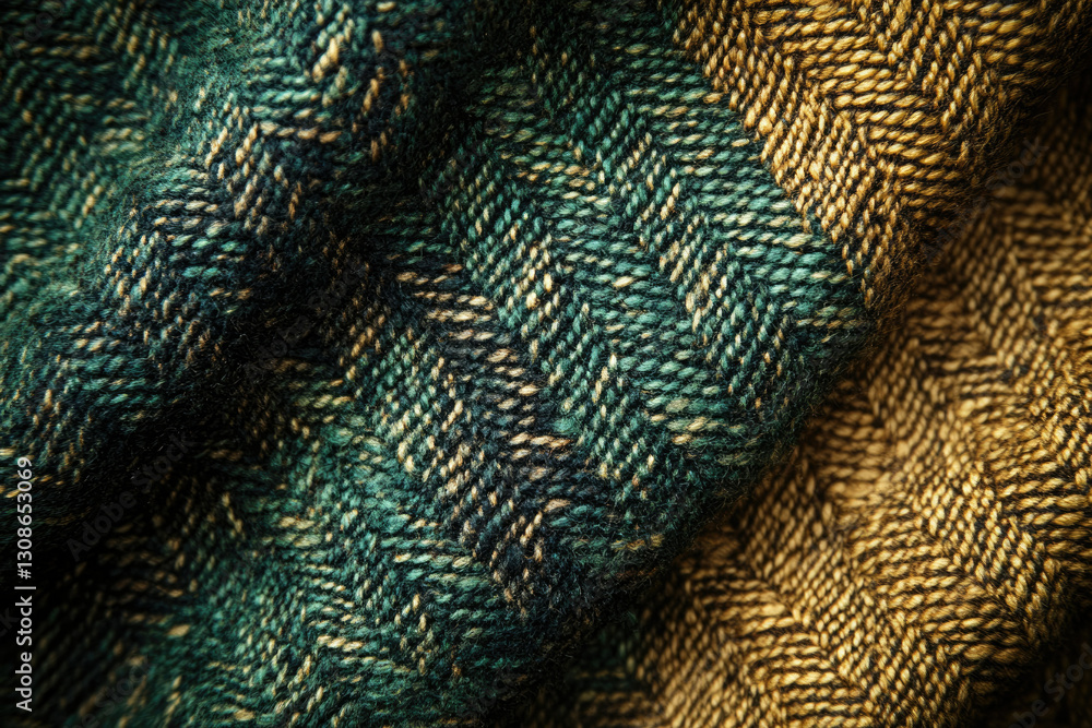 Poster close-up of a textured fabric with a herringbone pattern in teal and gold hues.