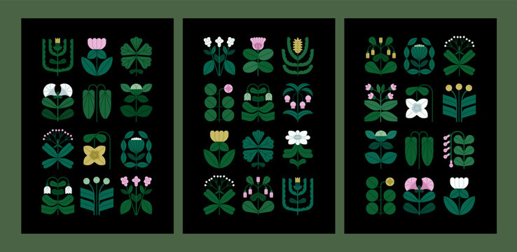 Floral card designs set. Modern botanical posters with flowers, leaves. Nature postcards, vertical spring and summer cards, wall art with blossoms, blooming plants, flora. Flat vector illustration