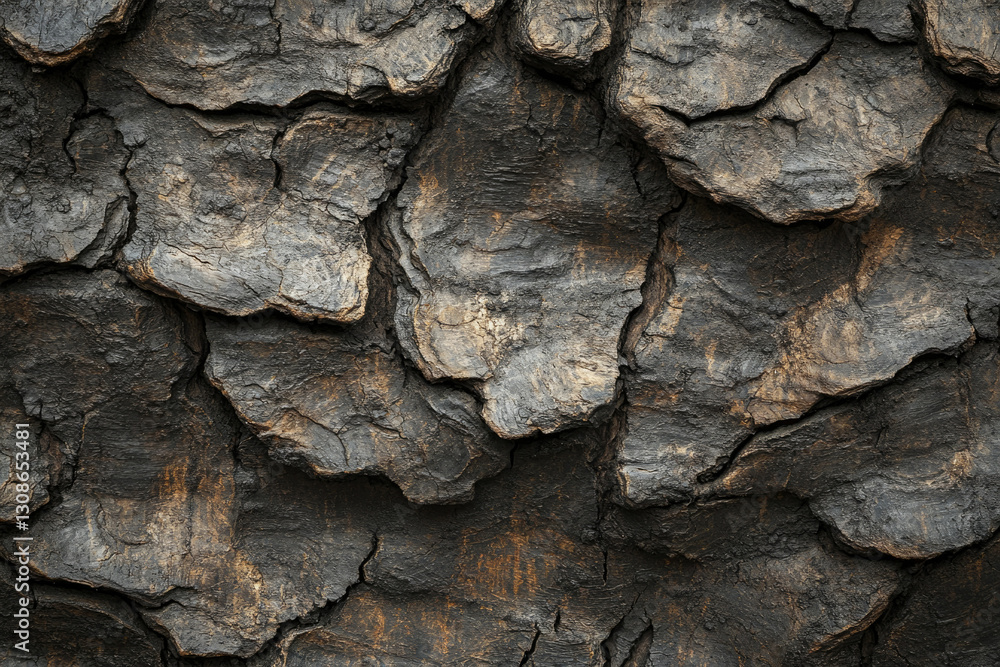 Poster dark, rough, textured tree bark with deep crevices and a rugged surface.