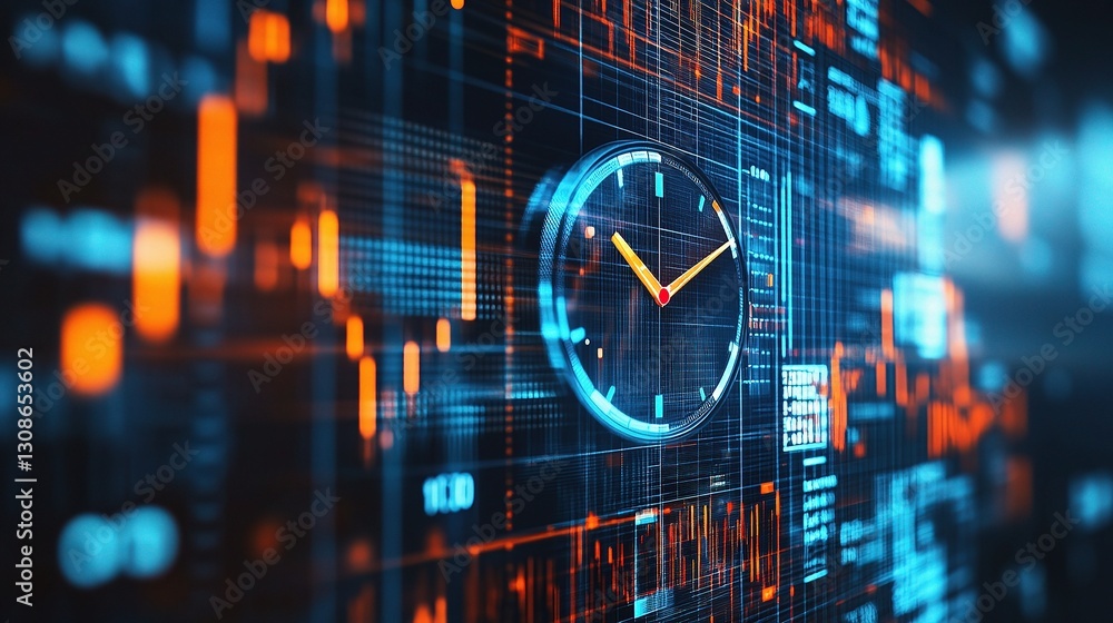 Poster digital clock display with business related data visualization