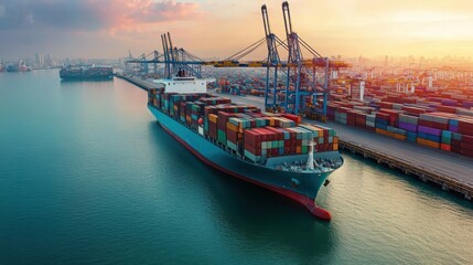 Large cargo ship with containers in the port