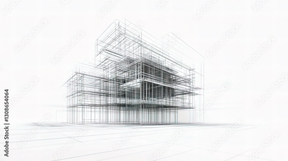 Poster digital wireframe model of building under construction in 3d perspective