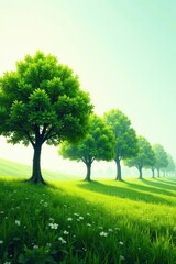 Fototapeta premium Lush green trees in a line against a bright white sky , spring, fresh