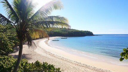 Secluded tropical beach with white sand, palm trees, and calm turquoise water; two small boats are visible.