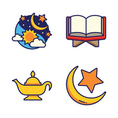 Islamic culture or religion icon and symbol set suitable for Ramadan Kareem Muslim celebration month