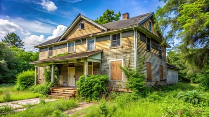 Fototapeta premium Abandoned house with boarded up windows and a foreclosure sale sign in the yard, with overgrown vegetation and broken shutters , abandoned-house, distress-sale