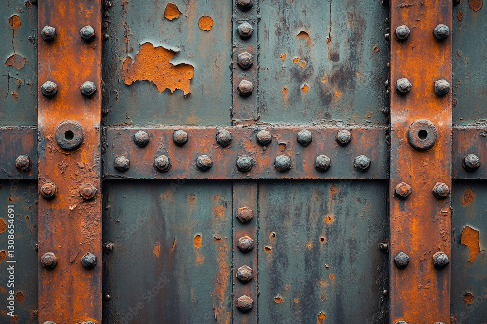 Aufkleber rusty metal texture with rivets and peeling paint, showing age and weathering.