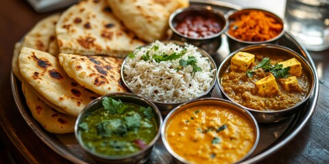 Delicious indian thali displaying culinary delights with naan bread and rice