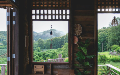 Greenery rainforest and hills outside wooden house