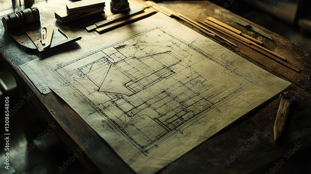 Poster blueprints on desk with ruler and compass for architectural design