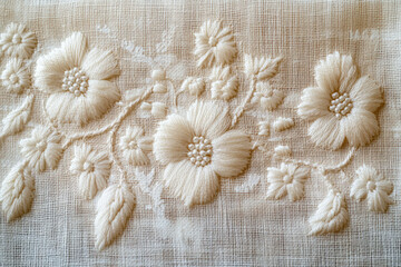 Delicate cream-colored floral embroidery on a sheer fabric, showcasing intricate stitchwork and beading.