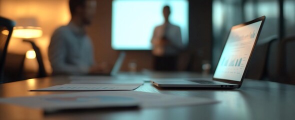 Laptop with graphs on table, blurred businesspeople in meeting.