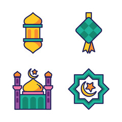 Islamic culture or religion icon and symbol set suitable for Ramadan Kareem Muslim celebration month