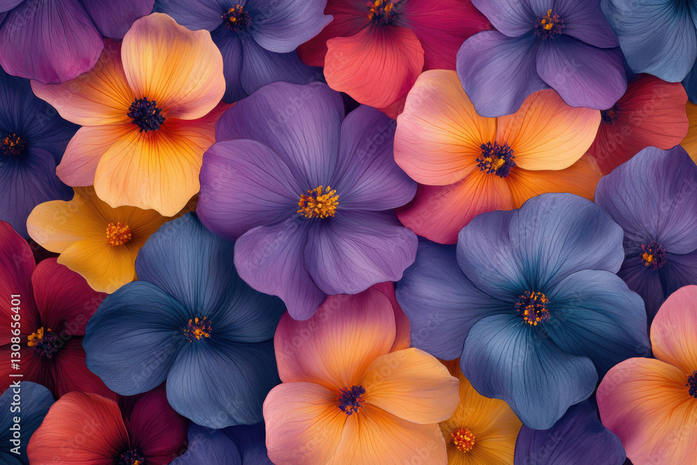 Poster A vibrant close-up of numerous multicolored flowers, showcasing their intricate details and diverse hues.