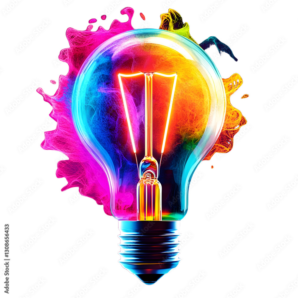 Poster a colorful glowing idea bulb lamp, isolated design element on transparent background, visualization 