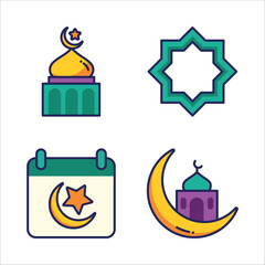 Islamic culture or religion icon and symbol set suitable for Ramadan Kareem Muslim celebration month
