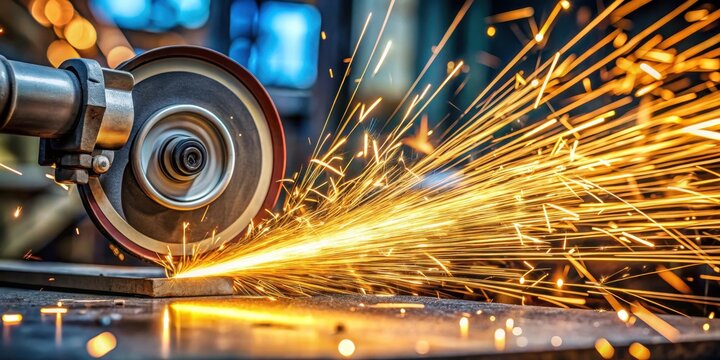 Welding bench grinder with sparks on background, metal grinding, sparks flying
