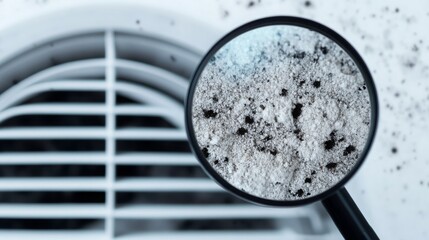 Magnifying glass view of dust and dirt inside an air conditioner, highlighting PM2.5 pollution. Poor air quality affects health, causing respiratory issues, allergies, and asthma.