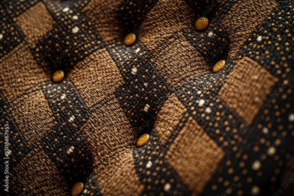 Poster Close-up of tufted fabric with brown and black checkered pattern and gold buttons.