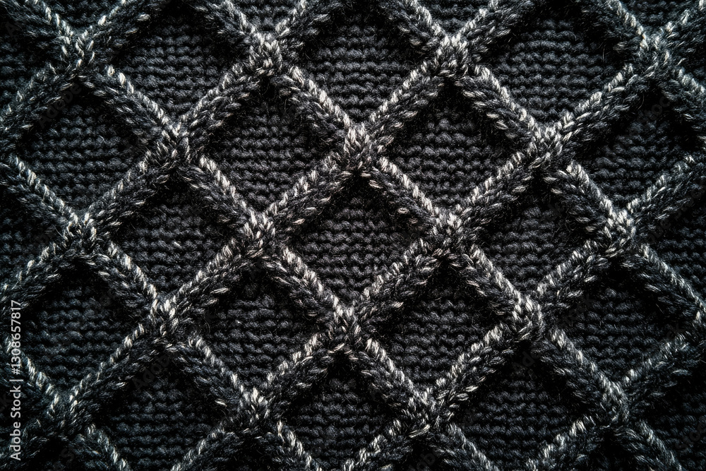 Poster close-up of dark gray knitted fabric with a diamond pattern, showcasing texture and detail.