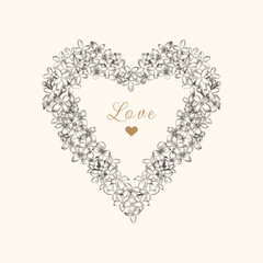 Heart frame made of lilac flowers. Vector botanical illustration. Black.
