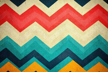 Abstract chevron pattern in vintage colors: red, teal, yellow, and cream.