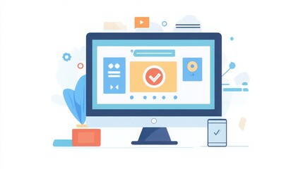 Flat design illustration of a desktop screen with an 'Update in Progress' message, symbolizing software and app upgrades