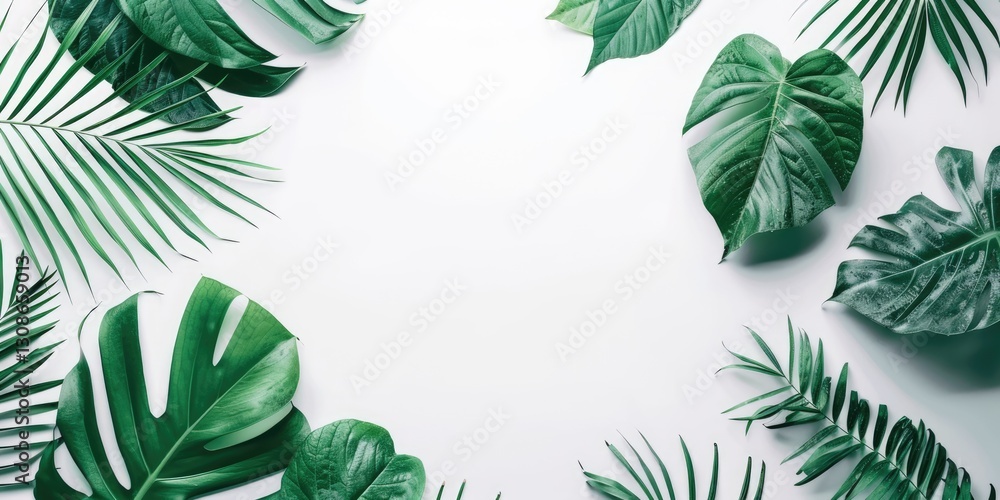 Poster tropical leaves frame with mint green background. background image of green tropical leaves with min
