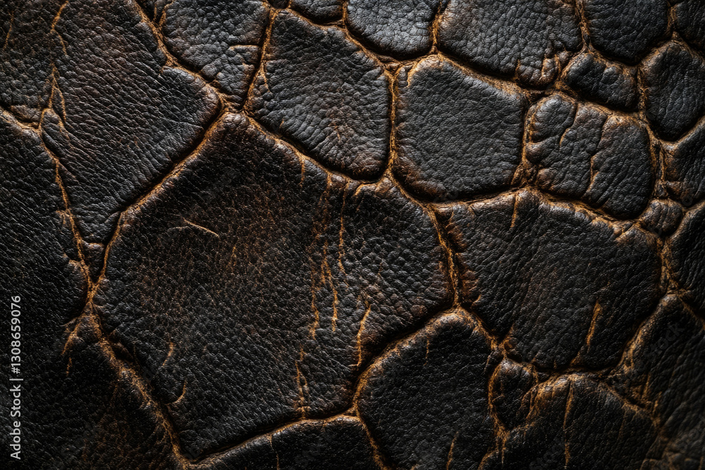 Poster close-up of dark brown cracked leather texture showing unique pattern and aged look.