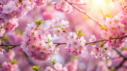Soft pink petals unfolding from delicate cherry blossom branches, with gentle morning sunlight filtering through the lush foliage, blooming trees, pink blossoms