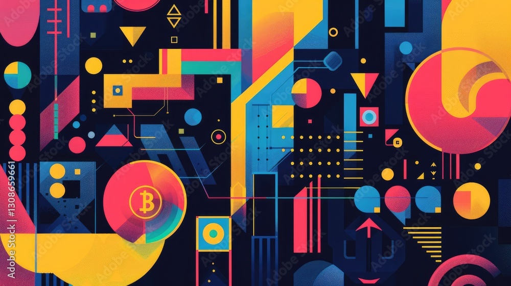 Poster this vibrant abstract geometric design features a dynamic arrangement of shapes and colors, perfect 