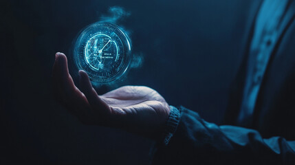 Digital clock hologram on a hand with a futuristic background
